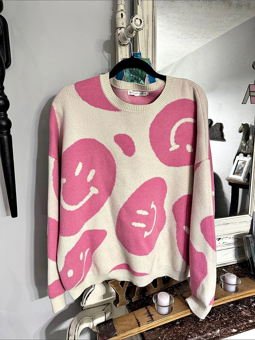 Altar'd State Brianna Smiley Sweater Pink & Cream Size XL